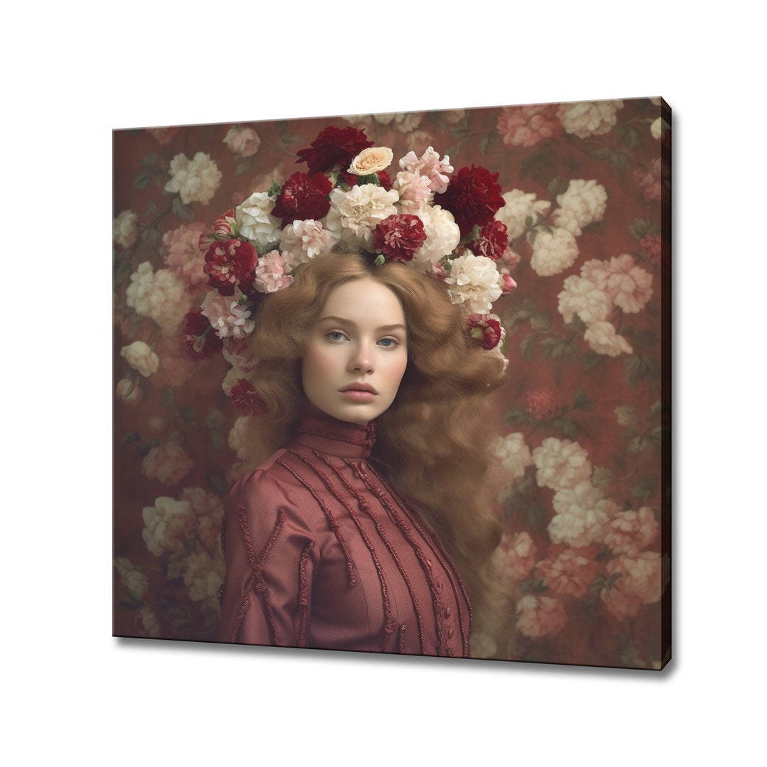 Maroon White Flowers Woman Head Canvas Print, Rococo Flowers Wall Art ...