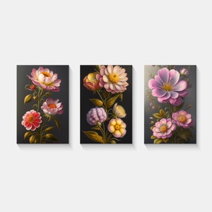 Beautiful Pink Yellow Red Flowers Set Of 3 Panels Modern Floral Canvas Print Wall Art Home Decor Picture