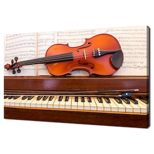 Old Wooden Piano With Violin, Bow And Music Sheet Modern Design Home Decor Canvas Print Wall Art Picture