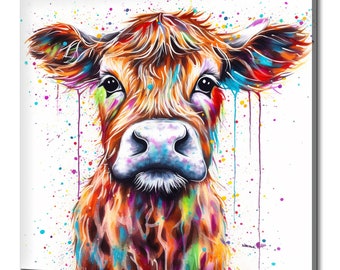 Colourful Calf Cow Cattle, Watercolour Painting Style Animal, Canvas Print Wall Art Picture, Kids Nursery Art Prints, Farm Animal Art