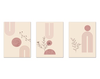 Abstract Shapes Beige Blush Pink, Abstract Boho Art, Botanical Neutral Wall Art, Nordic Wall Decor, Set Of 3 Prints, Canvas Print Wall Art