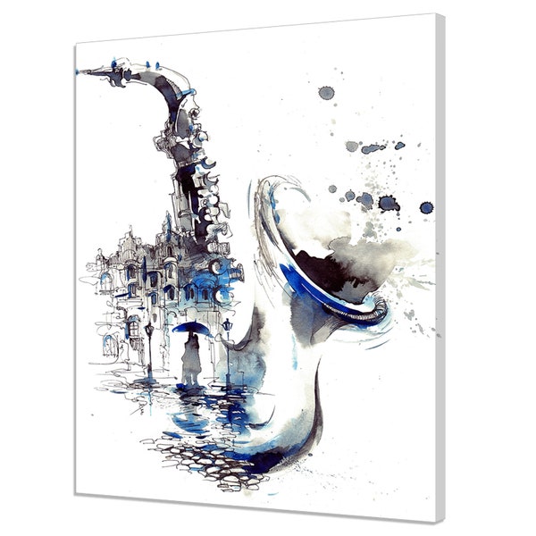 Saxophone Silhouette With Romantic Couple In The City Watercolour Painting Style Modern Canvas Print Wall Art Picture