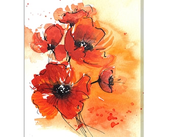Beautiful Red Orange Poppy Flowers Watercolour Painting Style Modern Floral Design Canvas Print Home Decor Wall Art Picture