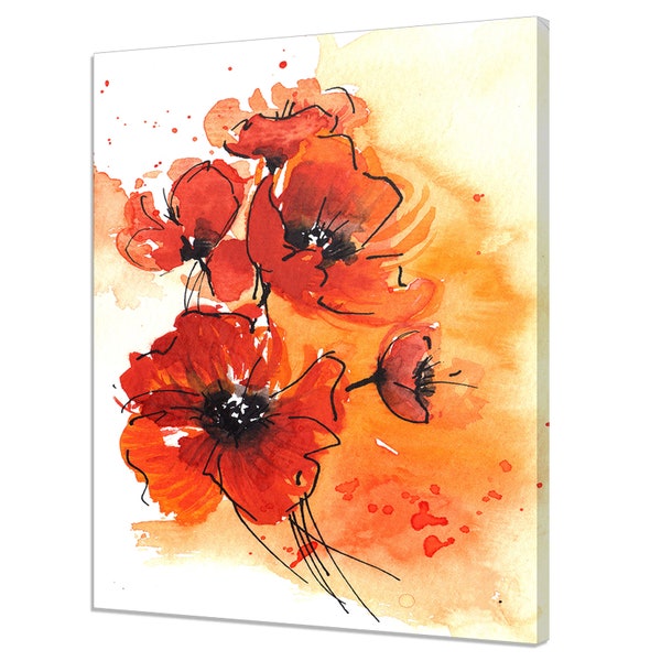 Belles fleurs de pavot rouge orange, peinture à l'aquarelle de style, conception florale moderne, impression sur toile, décoration d'intérieur, art mural, photo