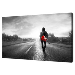 Man Musician Walking With Guitar On The Countryside Road Modern Design Home Decor Canvas Print Wall Art Picture
