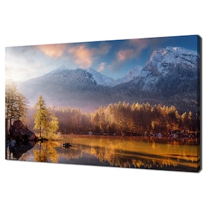 Beautiful Sunset At Hintersee Lake Bavarian Alps Landscape Modern Design Decor Canvas Print Wall Art Picture