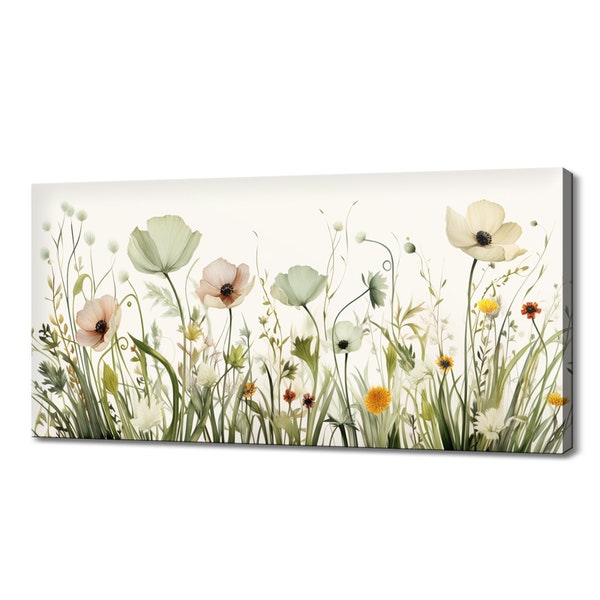 Beautiful Sage Green Spring Wildflowers Field Meadow, Colourful Watercolour Flowers Modern Design Home Decor, Canvas Print Wall Art Picture