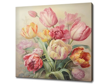 Pastel Tulips Flowers Bouquet Canvas Print Wall Art, Modern Floral Design Home Decor, Botanical Vintage Flowers Art, Gift For Flowers Lover