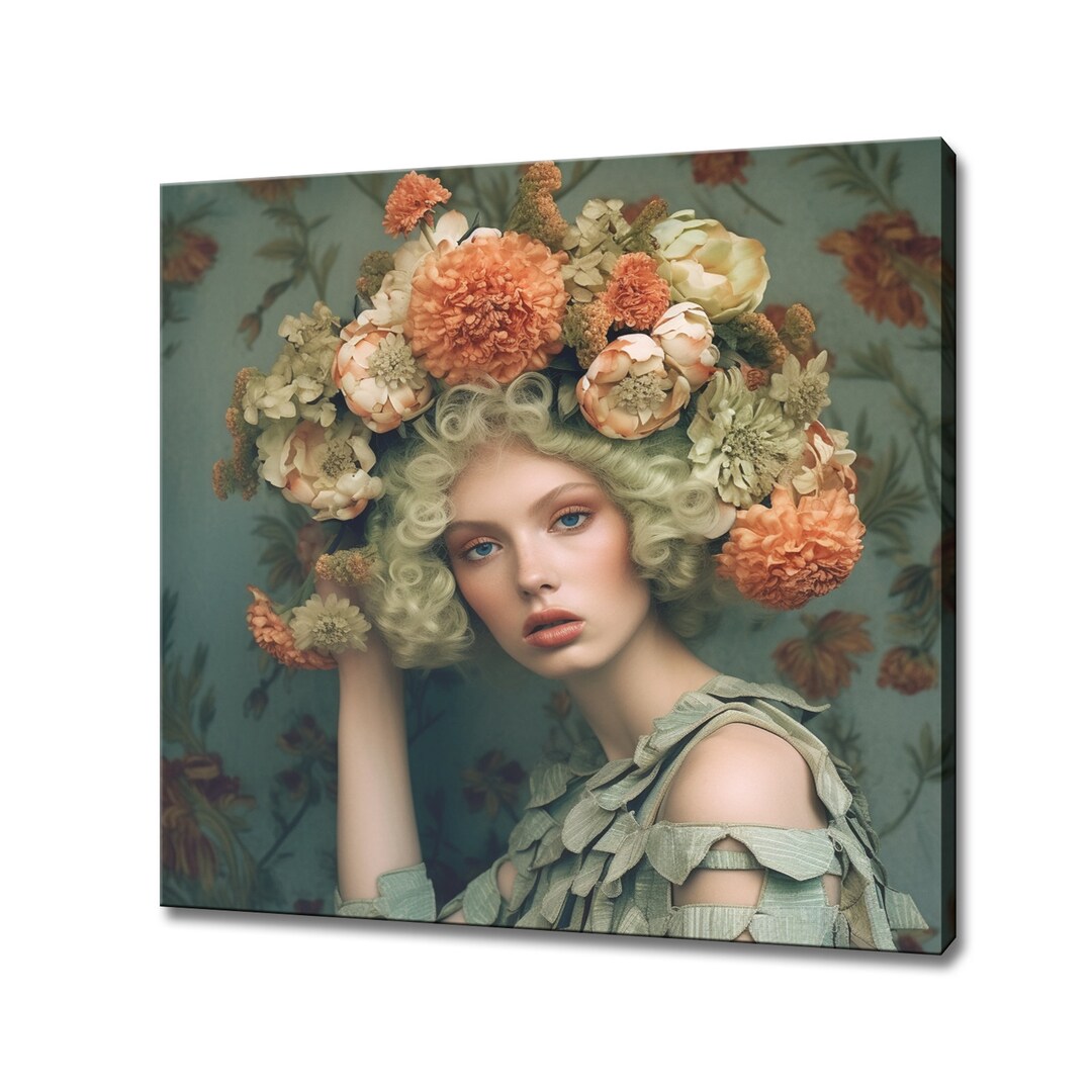Sage Green Orange Flowers Woman Head Canvas Print, Rococo Flowers Wall ...