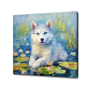 Cute Husky Dog Puppy Canvas Print, Gift For Husky Dog Lover, Colourful Dog Portrait Painting Print, Husky Dog Pet Kids Wall Art