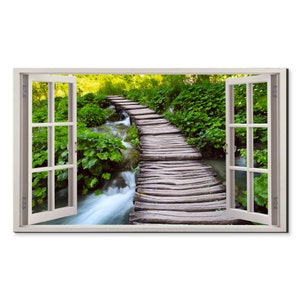 Old Wooden Bridge In The Forest Window View, Window Frame Style Modern Design Home Decor Canvas Print Wall Art Picture Ready To Hang