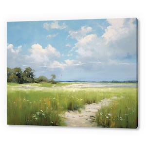 Blue Sky Over Spring Fields Vintage Country Landscape Painting Style Canvas Print, Farmhouse Decor Art, Neutral Nature Picture Wall Hanging