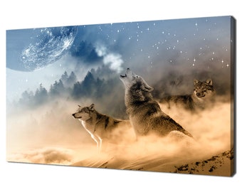 Beautiful Herd Of Wolves At Moon Modern Design Home Decor Canvas Print Wall Art Picture