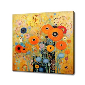 Flowers In Gustav Klimt Style Canvas Print, Art Nouveau Flowers, Modern Flowers Wall Art Picture, Bright Colored Floral Painting Print