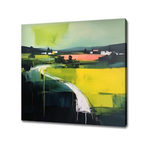 Abstract Green Village Fields Painting Style Canvas Print, Landscape Large Wall Art Print, Nature Picture Wall Hanging, Living Room Decor