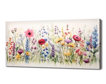 May include: A watercolor painting of a field of wildflowers in various shades of pink, red, yellow, blue, and purple. The flowers are arranged in a horizontal row, with the stems extending from the bottom of the painting.