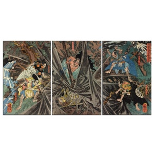 Minamoto No Yorimitsu No Sshitenno Tsuchigumo Taiji No Zu Utagawa Kuniyoshi 3 Panels Modern Canvas Print Wall Art Home Decor