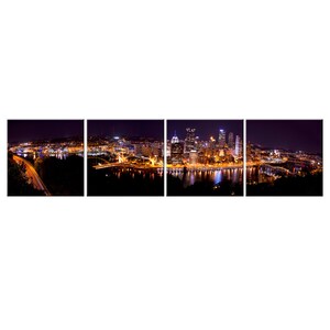 Panoramic View Of Downtown Pittsburgh Pennsylvania At Night 4 Panels Modern Cityscape Canvas Print Wall Art Picture