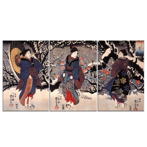 Plum Blossoms in the Evening Snow Utagawa Kuniyoshi 3 Panels Modern Canvas Print Wall Art Home Decor
