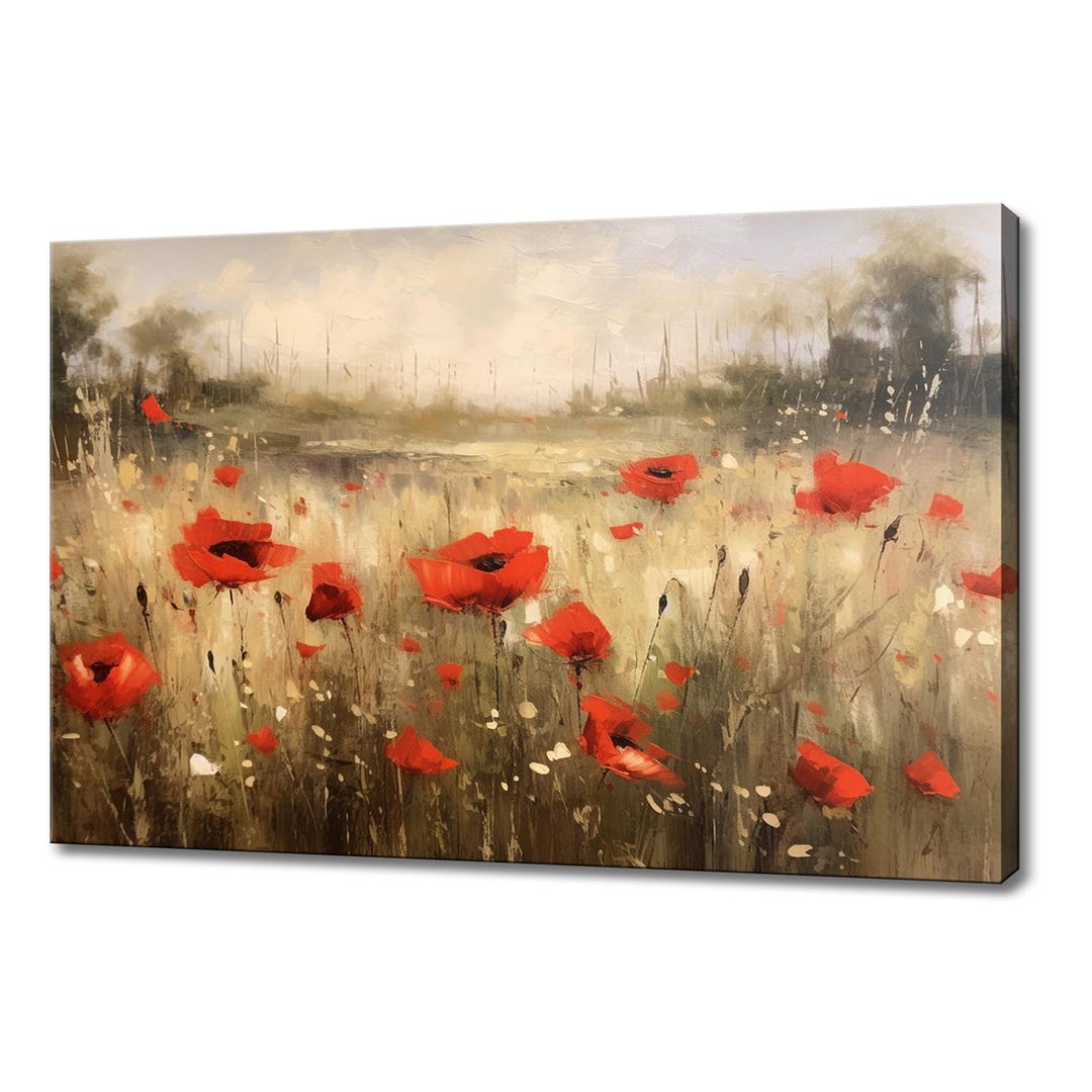 Red Poppy Flowers Meadow Field Countryside Vintage Painting Style ...