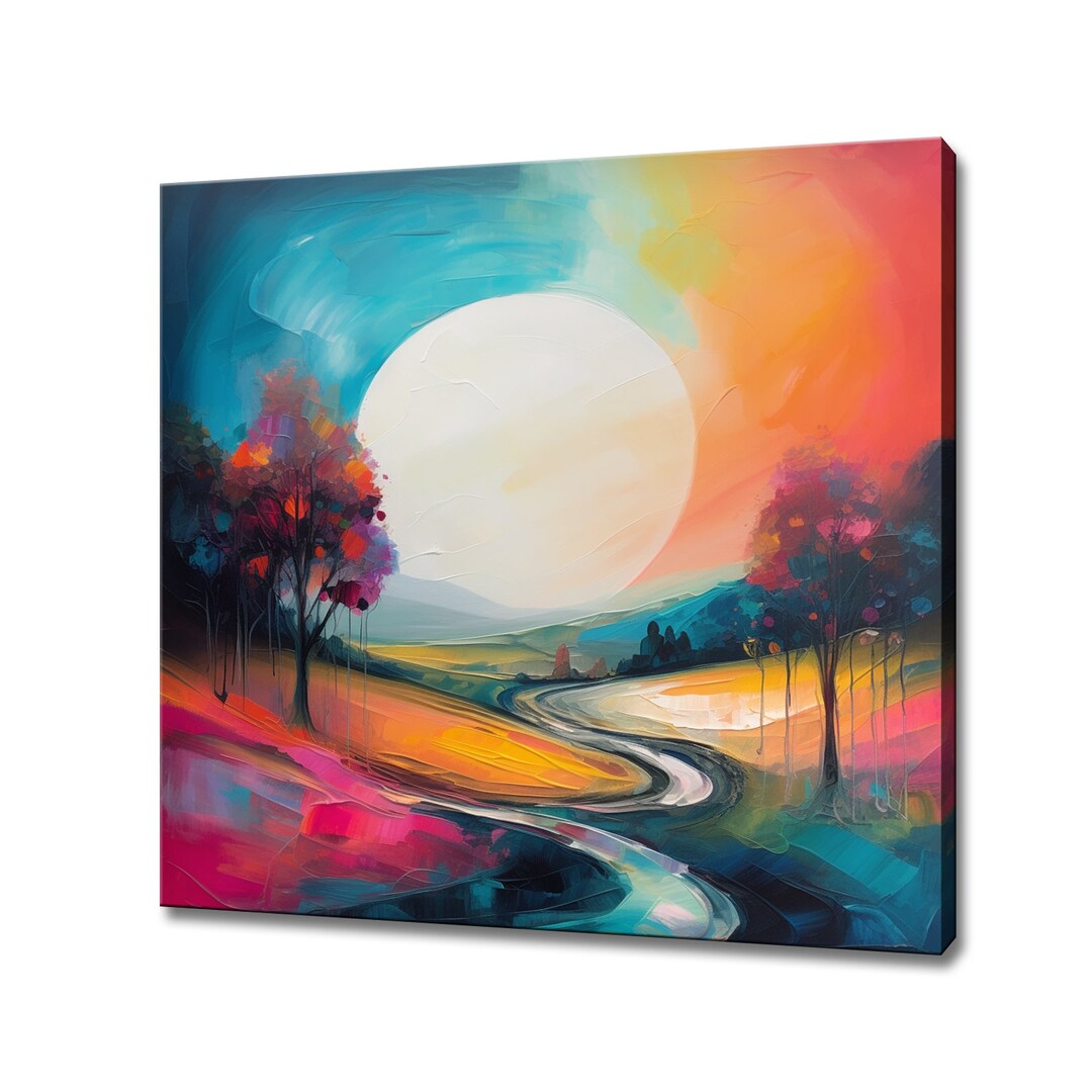 Colourful Abstract Moon Above the Country Road Landscape Painting Style ...