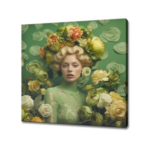 Green Lime Yellow Flowers Woman Head Canvas Print, Rococo Flowers Wall Art, Shabby Chick Wall Decor Flower Woman Art, Female Floral Portrait