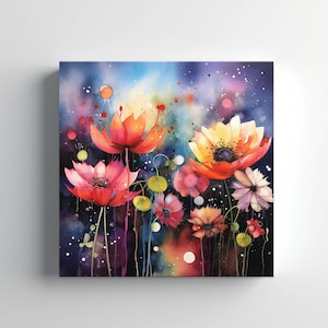 Colourful Wildlowers Poppy Meadow Abstract Watercolour Painting Style Canvas Print, Modern Floral Design Home Decor, Flower Wall Art Picture