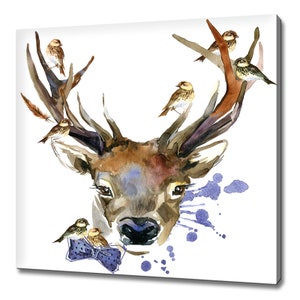 Forest Deer With Birds Watercolour Painting Style Modern Design Home Decor Canvas Print Wall Art Picture