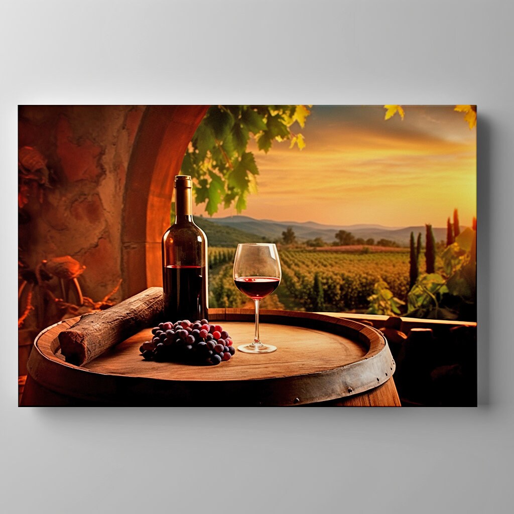 Vintage Bottle of Red Wine Glass Grapes Canvas Print, Kitchen