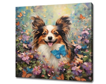 May include: A painting of a brown and white papillon dog with a blue butterfly on its chest. The dog is surrounded by colorful flowers and butterflies.