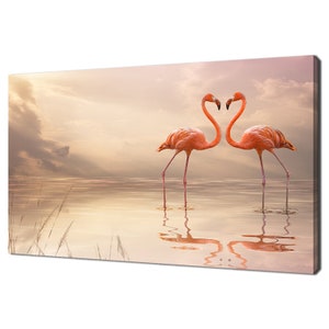 Pair Of Pink Flamingos In Love Birds At Sunset Modern Design Canvas Print Wall Art Picture