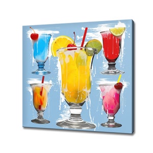 Colourful Alcoholic Drinks Cocktail Glasses Watercolour Canvas Print, Kitchen Modern Art, Home Restaurant Bar Decor Picture Wall Hanging