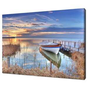 Beautiful Lakeside Sunset Boat Modern Design Home Decor Canvas Print Wall Art Picture