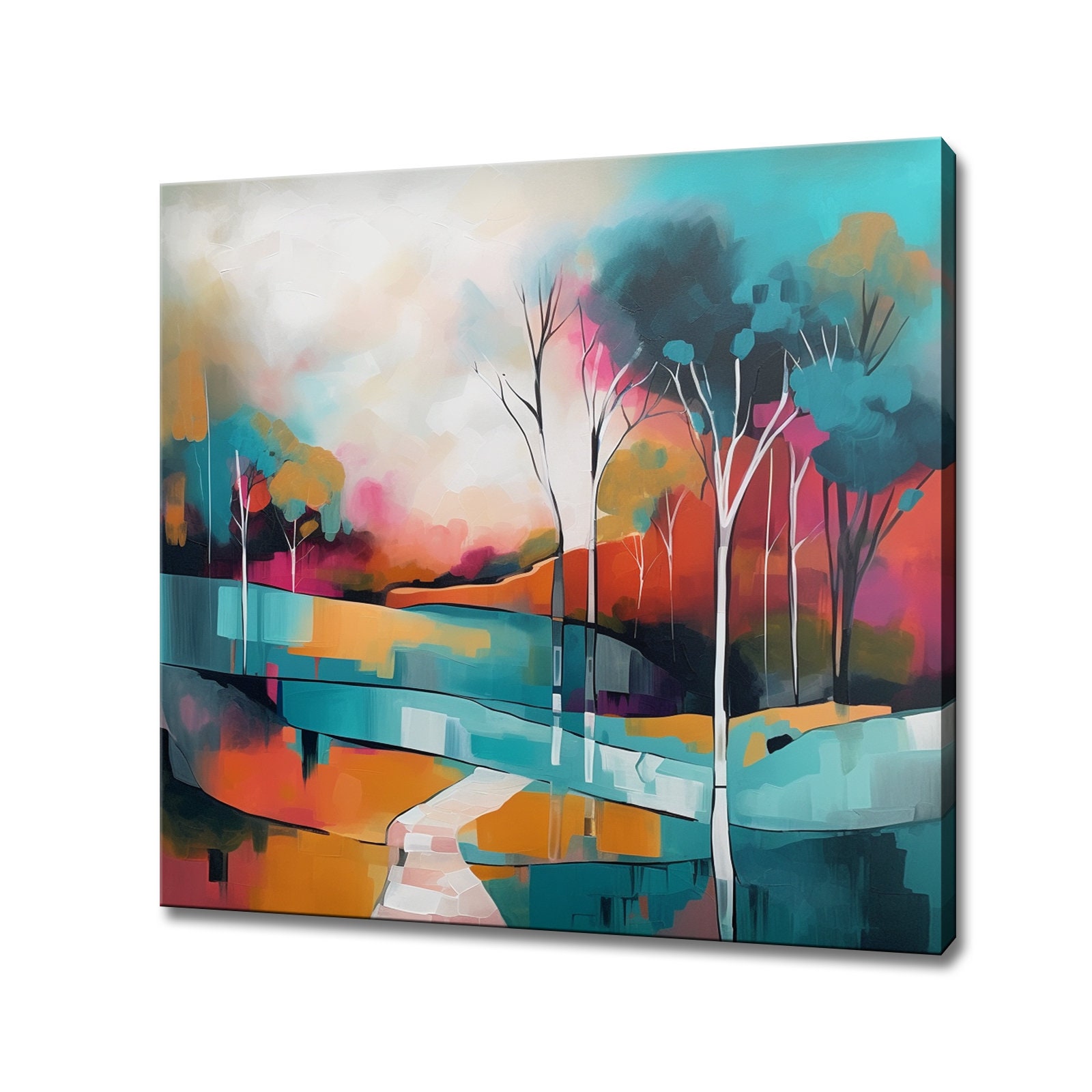 Expressionist Abstract Landscape Trees River Painting Style Canvas ...