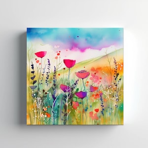 Colourful Bright Wildlowers Meadow Field Abstract Watercolour Painting Style Canvas Print, Modern Floral Design Home Decor, Flowers Wall Art