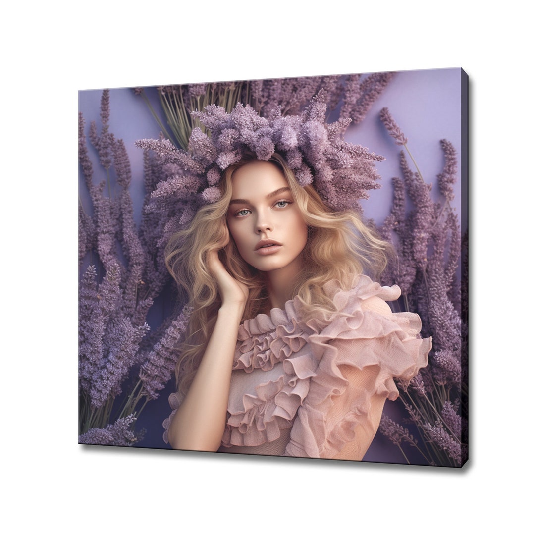 Lavender Purple Flowers Woman Head Canvas Print, Rococo Flowers Wall ...