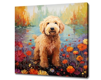 May include: A painting of a light brown dog standing in a field of orange and red flowers. The dog is looking directly at the viewer. The background is a blurry landscape with a pond.