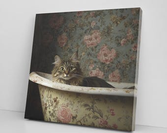 Tabby Cat In Bathtub Canvas Print, Cute Pet Lover Decor, Gift for Cat Lovers, Adorable Cat Canvas Wall Art, Feline Wall Art Home Decor