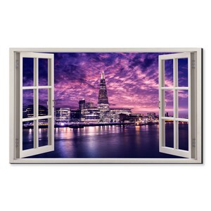 Purple Skyline Over London Cityscape Window View, Window Frame Style Modern Design Home Decor Canvas Print Wall Art Picture Ready To Hang
