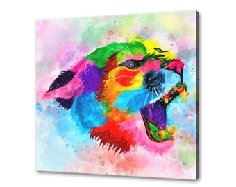 Colourful Watercolour Roaring Puma Cougar Abstract Animal Canvas Print Wall Art Picture Modern Design