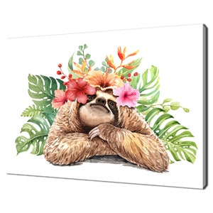 Cute Watercolour Painting Of Sloth Animal With Flowers Modern Design Home Decor Canvas Print Wall Art Picture