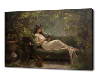 May include: A woman in a white dress sits on a green couch in a lush garden setting. She is reading a book and has her legs stretched out in front of her. The couch is surrounded by greenery and flowers.