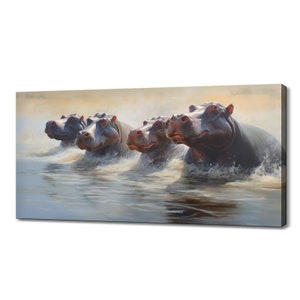 Hippos Family In The Water Canvas Print, Wildlife Inspired Art, Enchanting Animals Canvas Wall Art, Majestic Animals Picture Print
