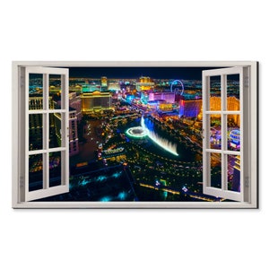 La nuit sur le Strip de Las Vegas, cadre de fenêtre de style Design moderne, décoration d'intérieur, impression sur toile, impression d'art mural, photo prête à accrocher
