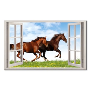 Two Horses Running Window View, Window Frame Style Modern Design Home Decor Canvas Print Wall Art Picture Ready To Hang