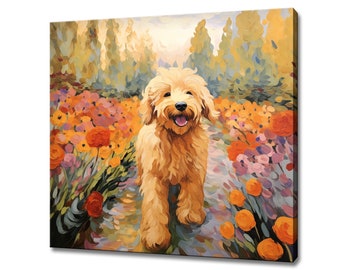 May include: A painting of a golden doodle dog walking through a field of orange, yellow, and purple flowers. The dog is smiling and has a happy expression on its face.