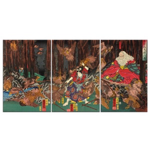 Ushiwaka Kurama Shugyo Zu, 1858 Utagawa Kuniyoshi 3 Panels Modern Canvas Print Wall Art Home Decor