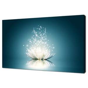 Magic Lotus Flower White Sparkles Blue Teal Modern Design Canvas Print Wall Art Picture