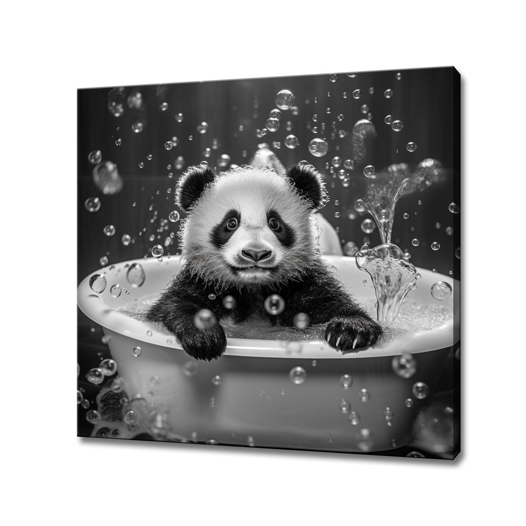 Cute Panda Bear in the Bath Tub, Black White Animal Art, Canvas Art ...