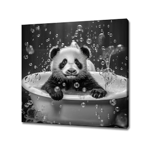 Cute Panda Bear In The Bath Tub, Black White Animal Art, Canvas Art Print Kids Nursery Room Decor, Funny Bathroom Print, Bathroom Animal Art